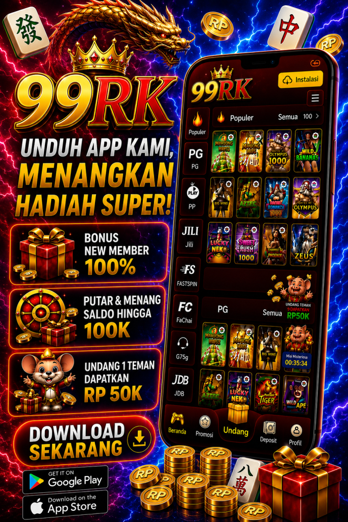 99RK unduh aplikasi resmi dengan tema merah biru, naga premium, tampilan eksklusif, bonus member, dan akses cepat untuk Android serta iOS.