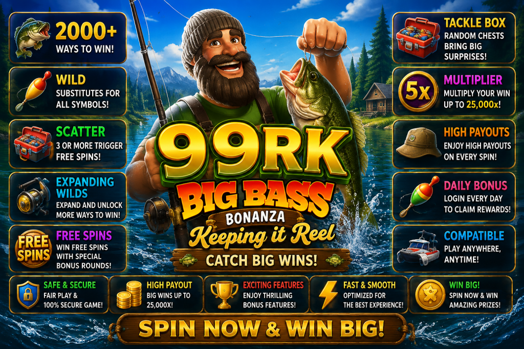 99RK Big Bass Bonanza Keeping it Reel dengan nelayan, ikan besar dan pemandangan danau dalam tema petualangan memancing.