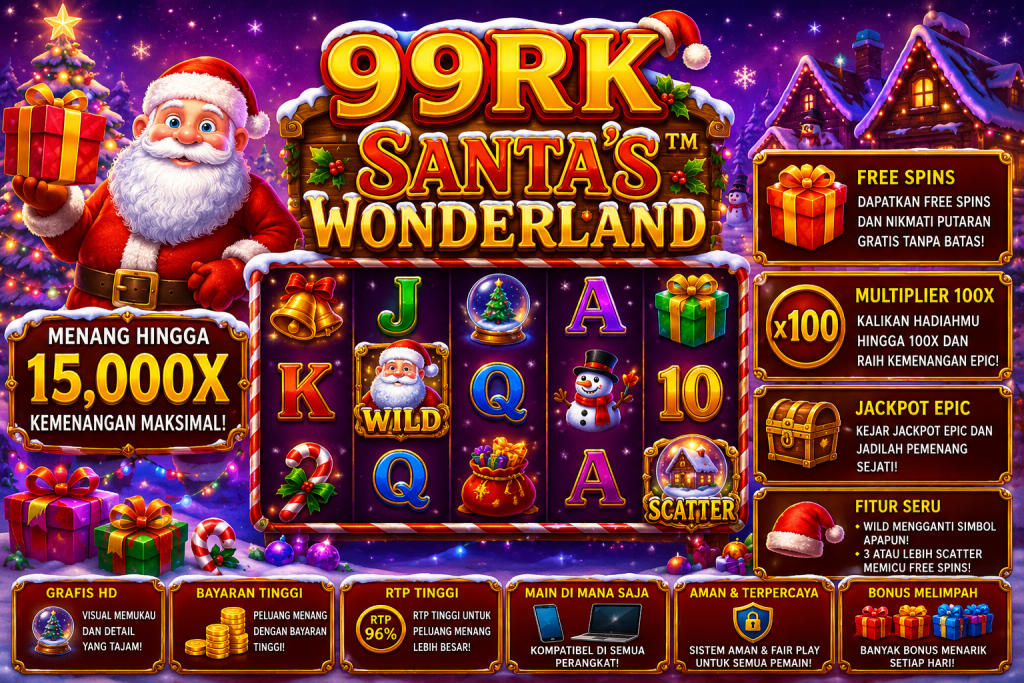 99RK Santa’s Wonderland dengan Santa Claus, hadiah Natal, manusia salju, simbol Wild dan Scatter dalam suasana musim dingin meriah.