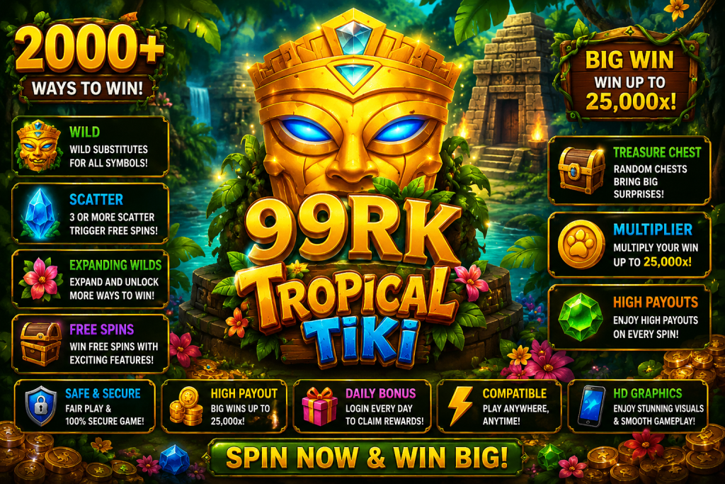 99RK Tropical Tiki dengan topeng emas, permata dan kuil dalam tema petualangan hutan tropis.