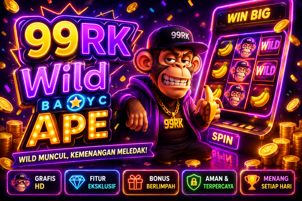 99RK Wild Ape dengan karakter monyet, mesin permainan neon, koin emas, dan tema ungu futuristik.