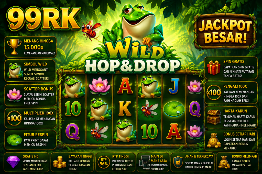 99RK Wild Hop & Drop dengan katak, bunga lotus, serangga, simbol Wild dan Scatter dalam tema hutan tropis.