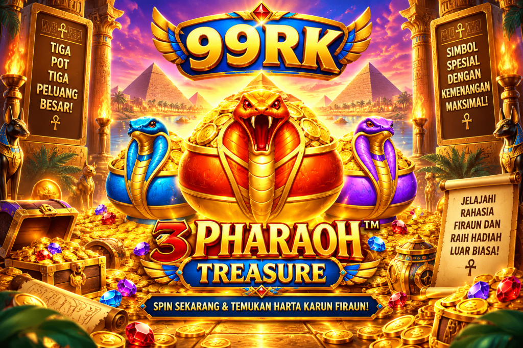 99RK 3 Pharaoh Treasure dengan tiga kobra, pot harta, piramida Mesir, koin emas dan permata berwarna.