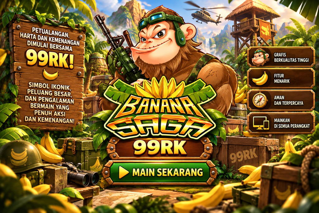Game Banana Saga 99RK dengan monyet petualang, pisang, hutan tropis, menara pengawas, dan suasana penuh aksi