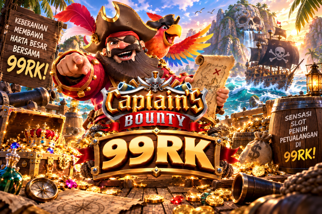 Game Captain’s Bounty 99RK dengan kapten bajak laut, burung beo, kapal, peta harta karun, dan koin emas