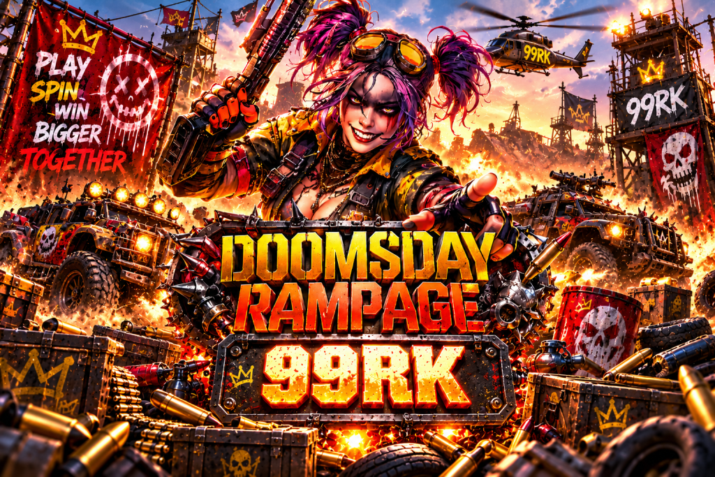 Game Doomsday Rampage 99RK dengan karakter punk, kendaraan tempur, helikopter, api, dan suasana pasca-apokaliptik