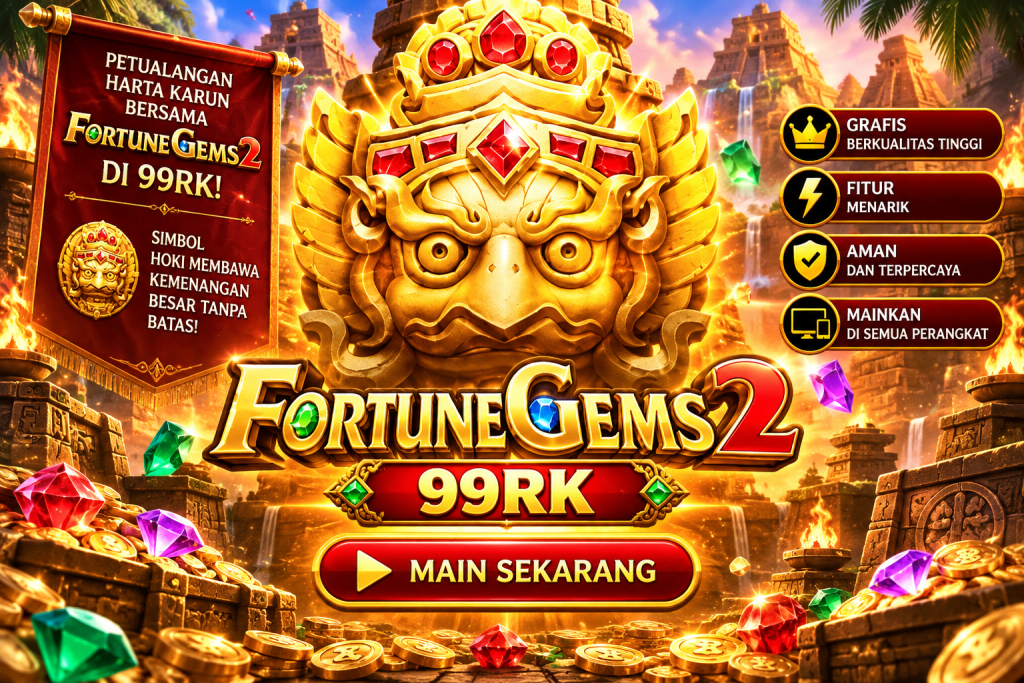 Game Fortune Gems 2 99RK dengan patung emas, permata warna-warni, koin, dan harta karun