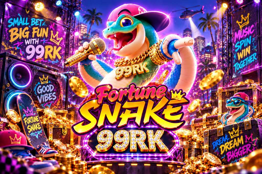 Game Fortune Snake 99RK dengan ular rapper, mikrofon, koin emas, skateboard, dan panggung neon