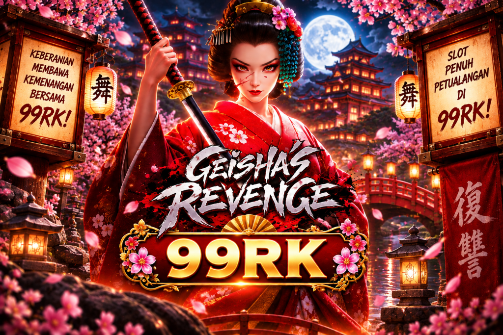 Game Geisha's Revenge 99RK dengan geisha, katana, bunga sakura, kuil Jepang, dan suasana malam
