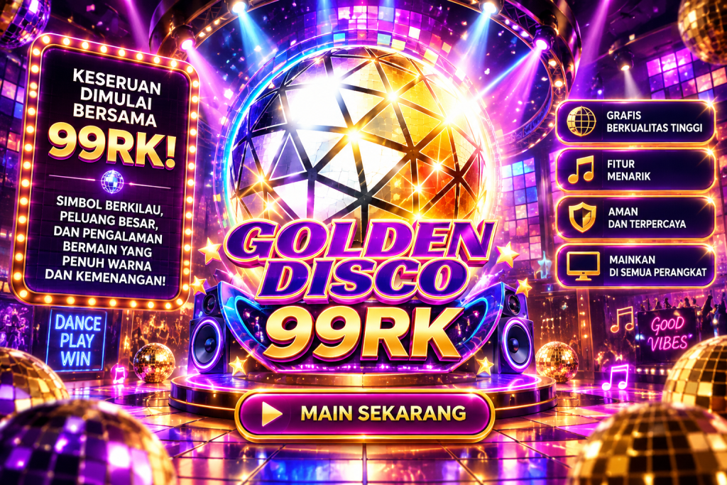 Game Golden Disco 99RK dengan bola disko emas, lampu neon, musik, dan suasana pesta penuh warna