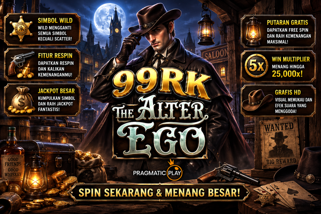 99RK The Alter Ego dengan koboi misterius, kota Wild West, koin emas dan suasana malam bergaya gothic.