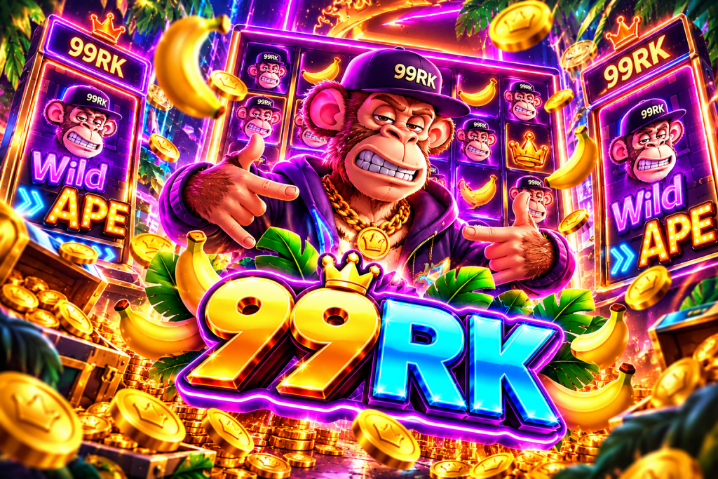 Game Wild Ape 99RK dengan karakter monyet, pisang, koin emas, dan suasana neon