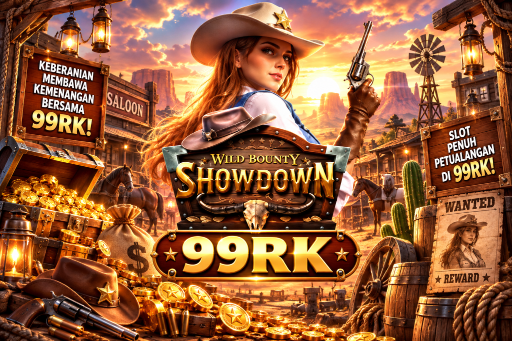 Game Wild Bounty Showdown 99RK dengan cowgirl, revolver, koin emas, peti harta, kaktus, dan suasana Wild West
