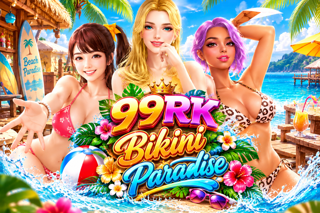 99RK Bikini Paradise dengan tiga wanita di pantai tropis, laut biru, pohon palem, dan suasana musim panas