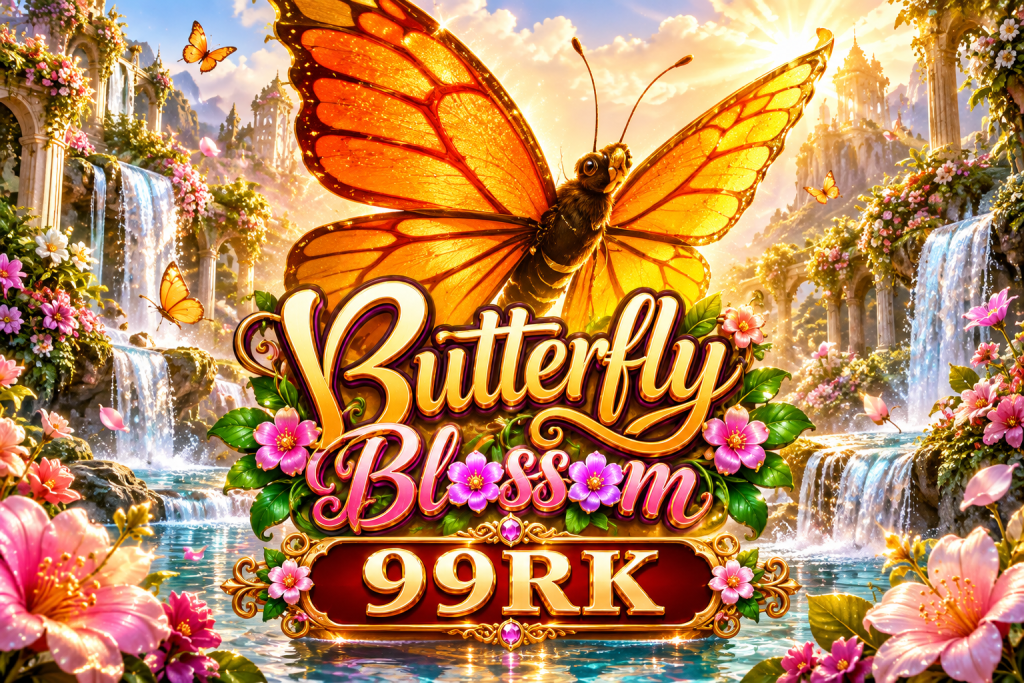 99RK Butterfly Blossom dengan kupu-kupu oranye, bunga merah muda, air terjun, dan taman fantasi