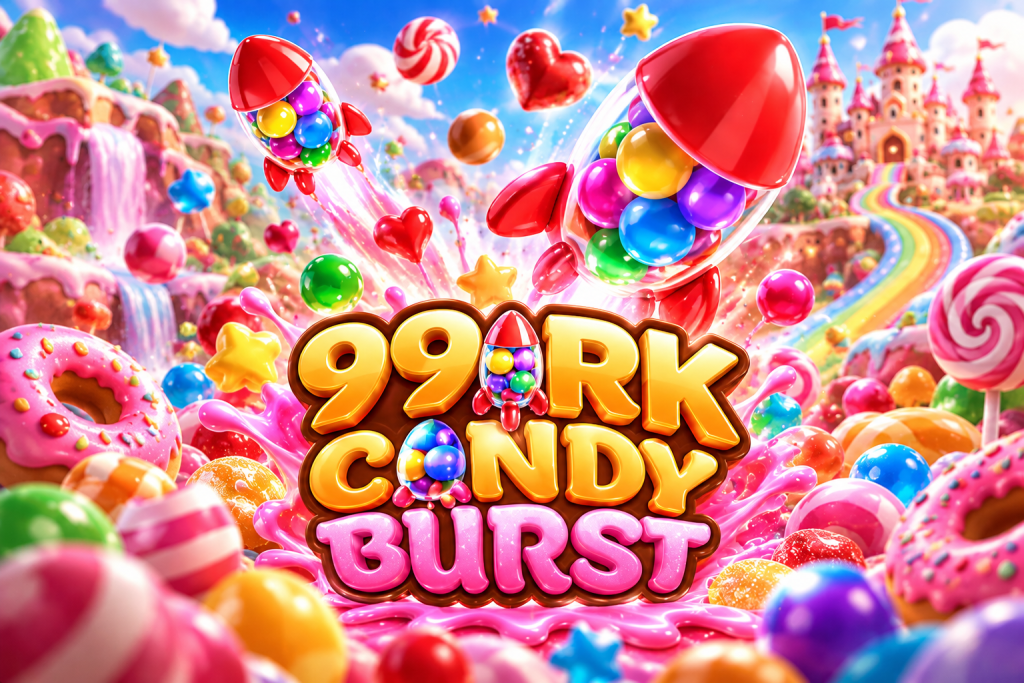 99RK Candy Burst with candy rockets, colorful sweets, pink syrup, rainbow paths, and a fantasy candy castle