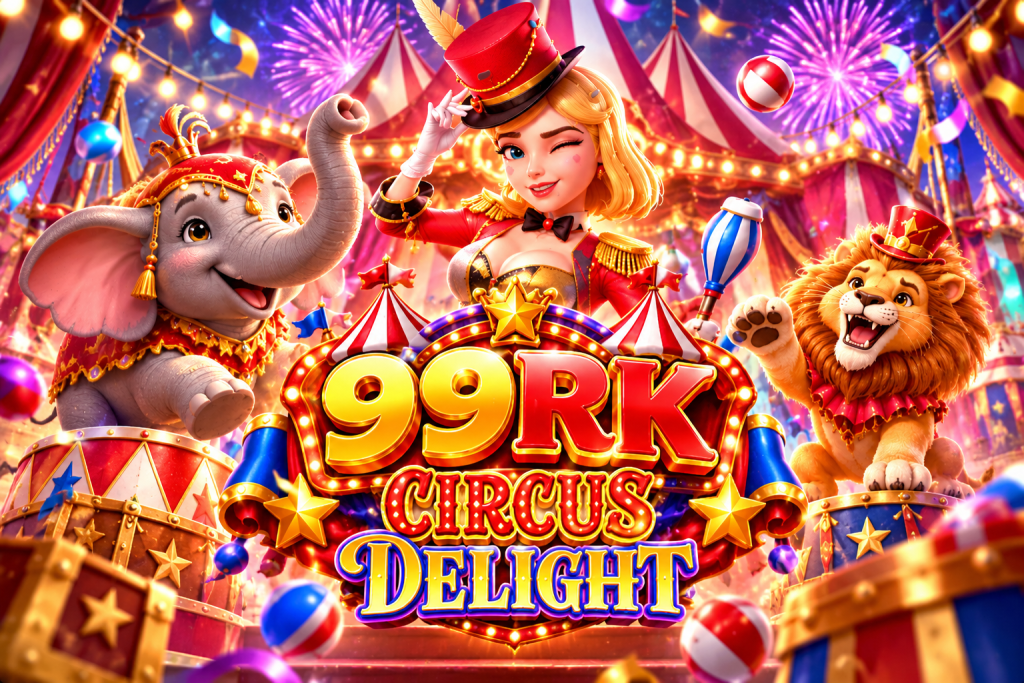 99RK Circus Delight with a female ringmaster, elephant, lion, circus tents, fireworks, and festive lights