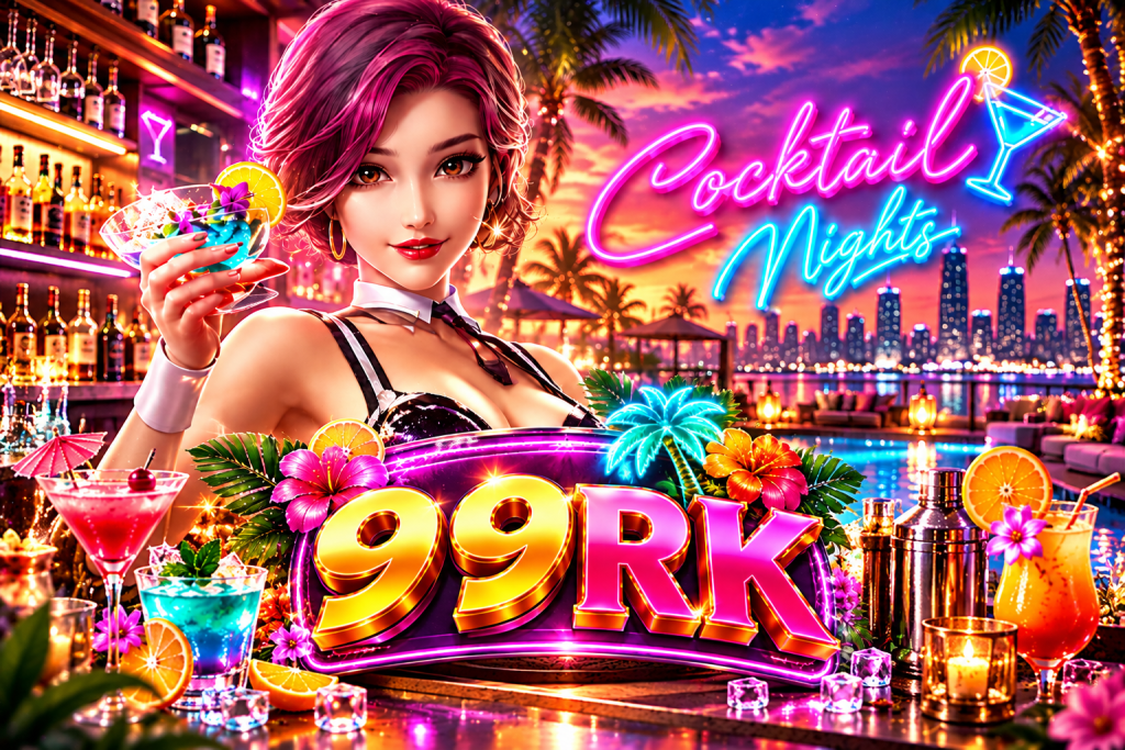 Game Cocktail Nights 99RK dengan wanita berambut ungu, koktail tropis, lampu neon warna-warni, dan suasana bar tepi kolam saat matahari terbenam