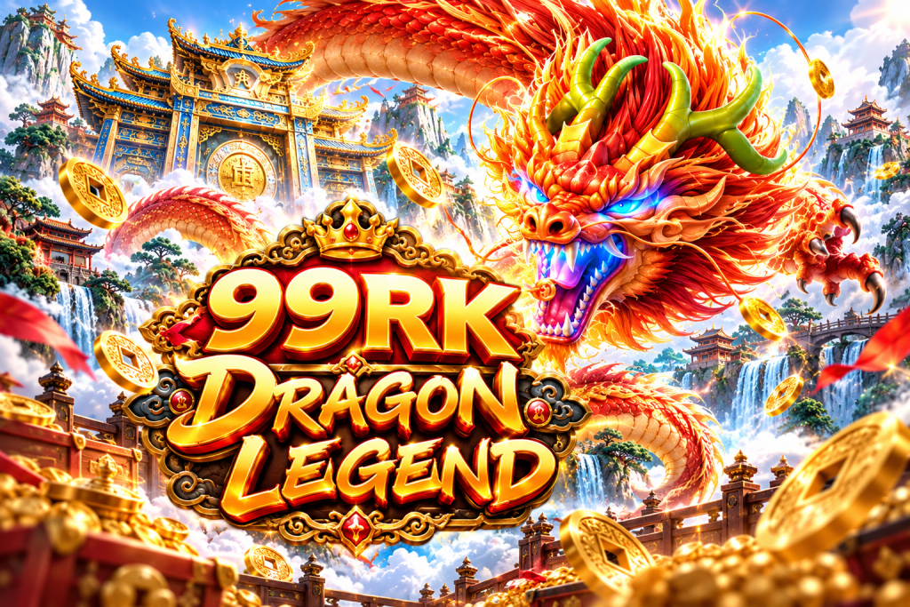 99RK Dragon Legend with a fiery golden dragon, ancient temples, waterfalls, clouds, treasure, and flying gold coins