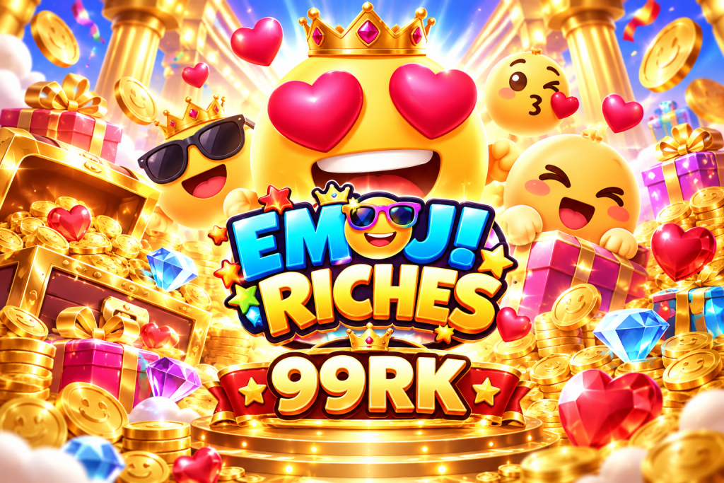 99RK Emoji Riches dengan emoji hati, koin emas, permata warna-warni, hadiah, dan peti harta