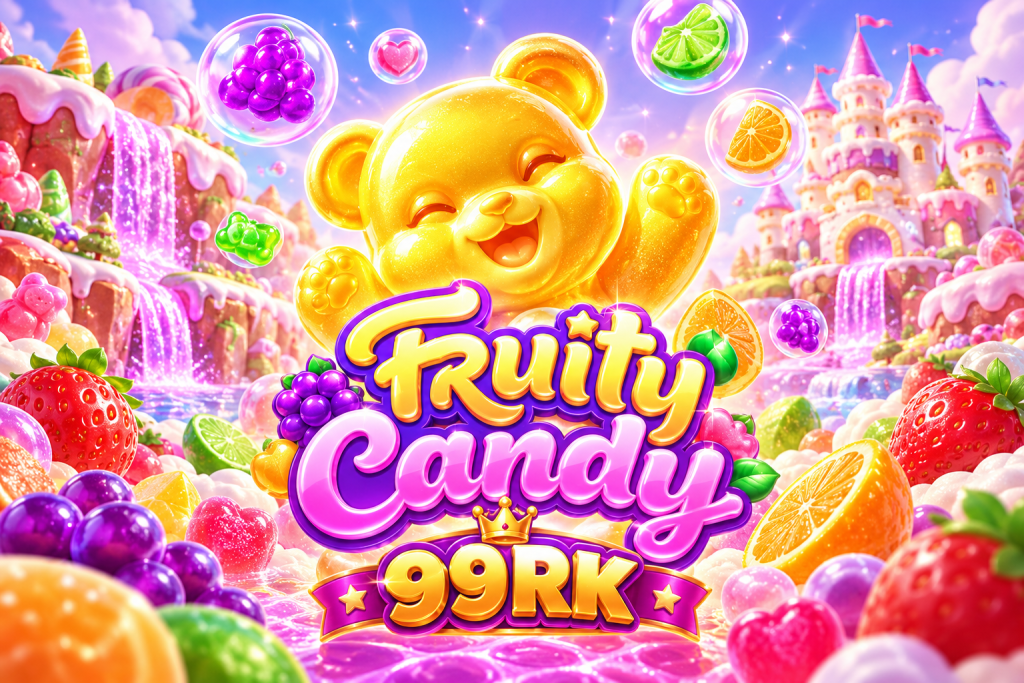 99RK Fruity Candy dengan beruang emas, buah warna-warni, permen manis, gelembung, dan dunia fantasi