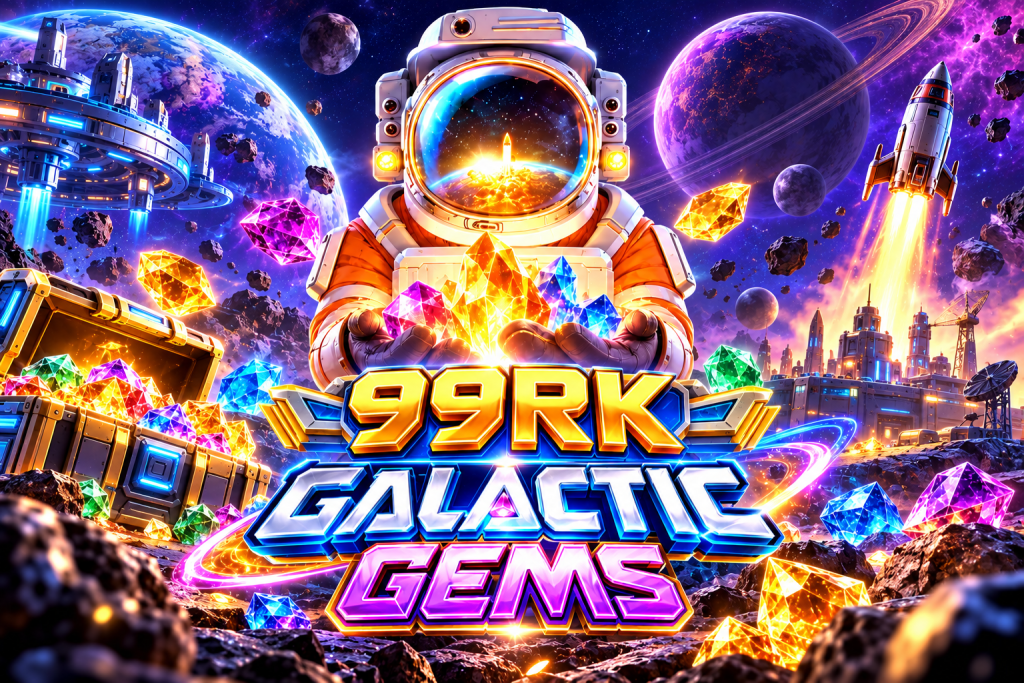 99RK Galactic Gems dengan astronaut, kristal bercahaya, planet warna-warni, asteroid, dan latar luar angkasa