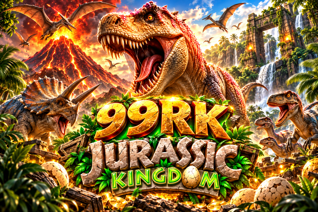99RK Jurassic Kingdom with a roaring T-Rex, erupting volcano, triceratops, raptors, dinosaur eggs, jungle ruins, and golden treasure