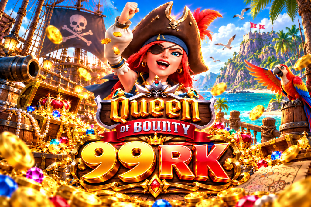 Game Queen of Bounty 99RK dengan ratu bajak laut berambut merah, kapal bajak laut, peti harta karun, koin emas, permata, burung beo, dan pulau tropis