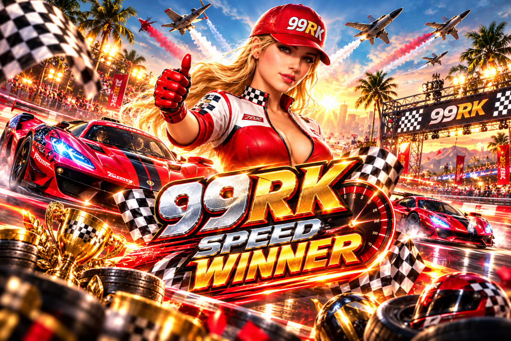 99RK Speed Winner with a female racer, red sports cars, checkered flags, fighter jets, trophies, and a glowing racetrack